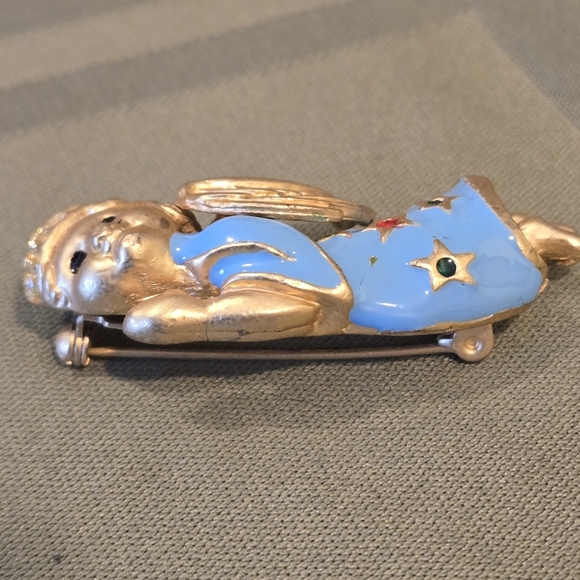 Rare Find Gold Tone Blue Angel W/ Rhinestone Halo Stars, Gold Wings Vintage 80's - Picture 9 of 12